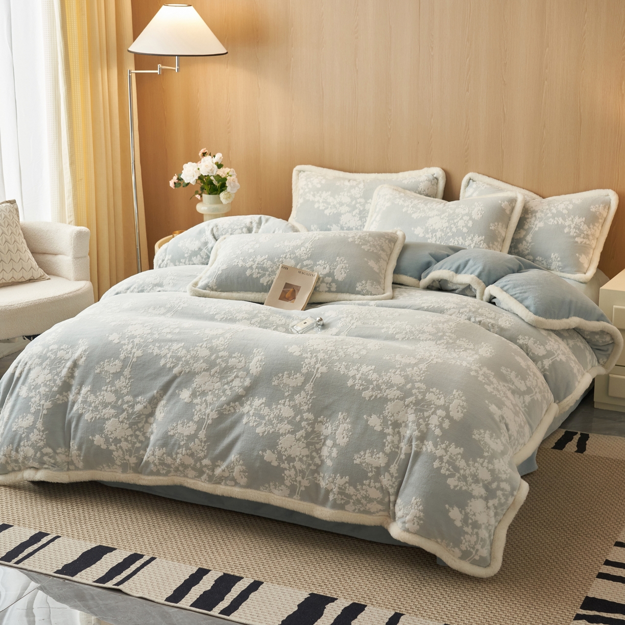 91家纺网 家纺一手货源 找家纺 晨曦家纺 2025新款兔毛包边雕花琅花牛奶绒四件套复古高级感轻奢 花枝