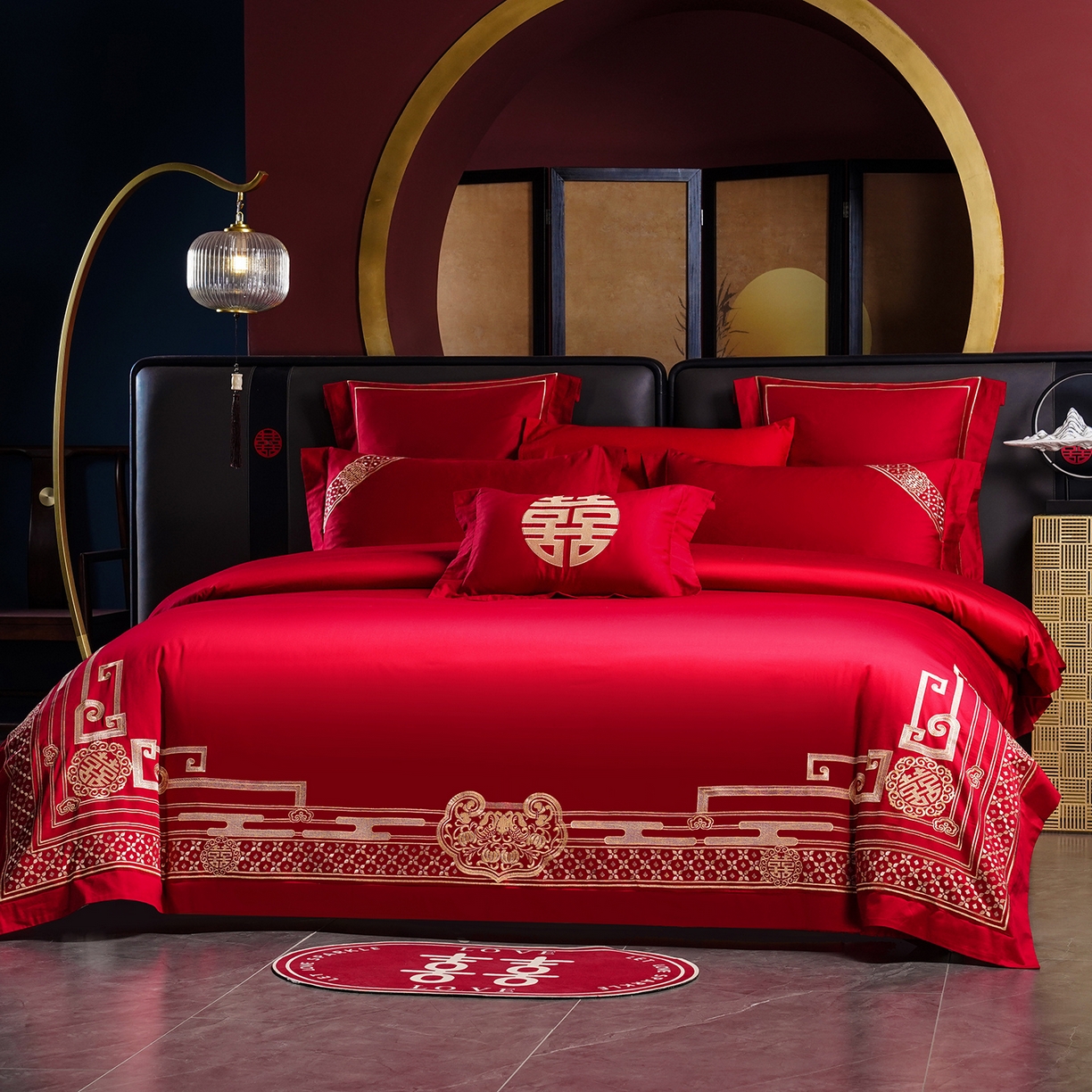 91家纺网 家纺一手货源 找家纺 置顶家纺 2025新款新中式婚庆亲肤刺绣四件套 禧结良缘-大红