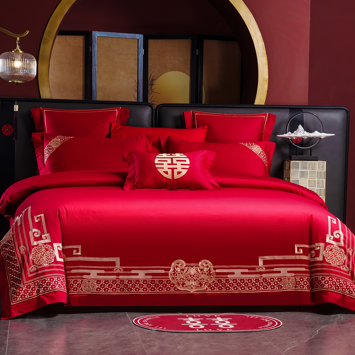 91家纺网 家纺一手货源 找家纺 置顶家纺 2025新款新中式婚庆亲肤刺绣四件套 禧结良缘-大红