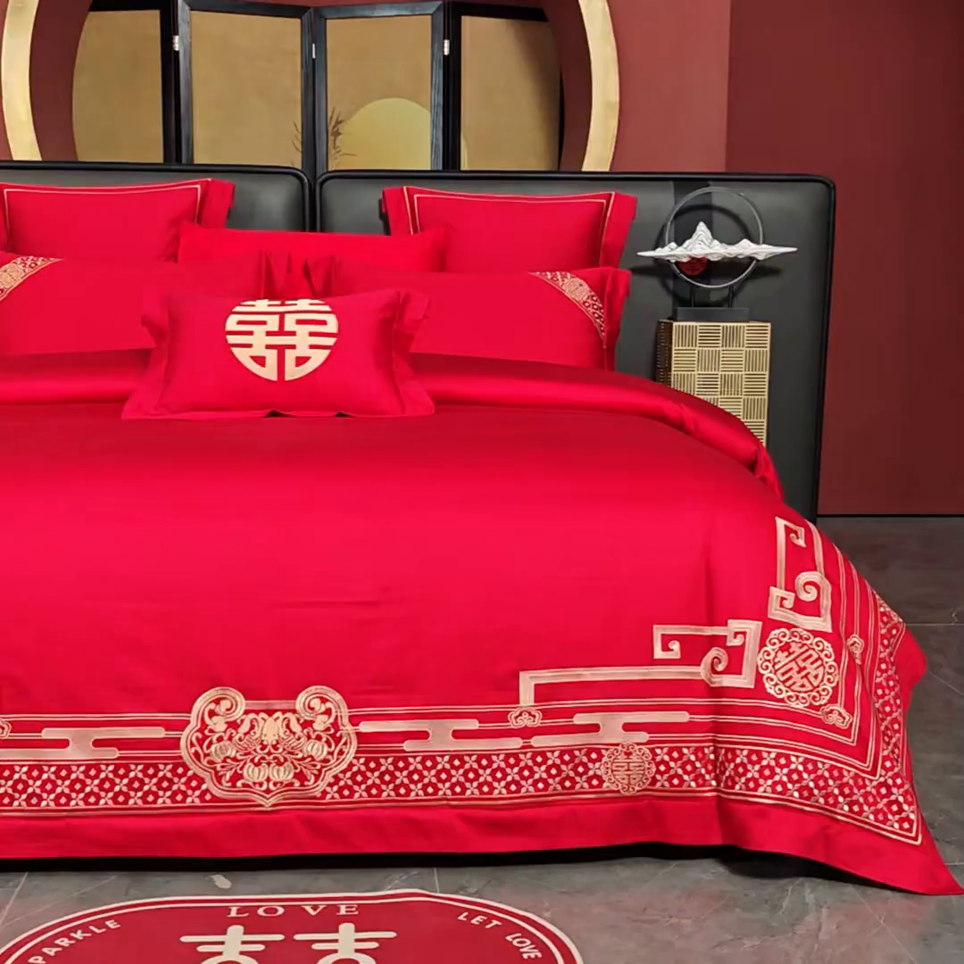 91家纺网 家纺一手货源 找家纺 置顶家纺 2025新款新中式婚庆亲肤刺绣四件套 禧结良缘-大红