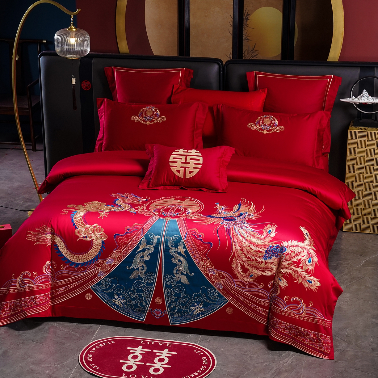 91家纺网 家纺一手货源 找家纺 置顶家纺 2025新款新中式婚庆亲肤刺绣四件套 祥云瑞彩-大红