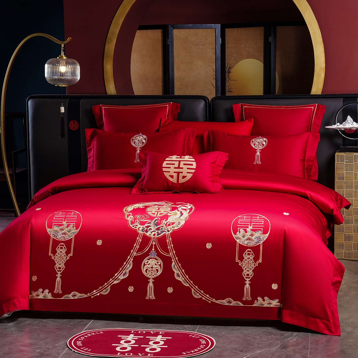 91家纺网 家纺一手货源 找家纺 置顶家纺 2025新款新中式婚庆亲肤刺绣四件套 招财龙凤-大红