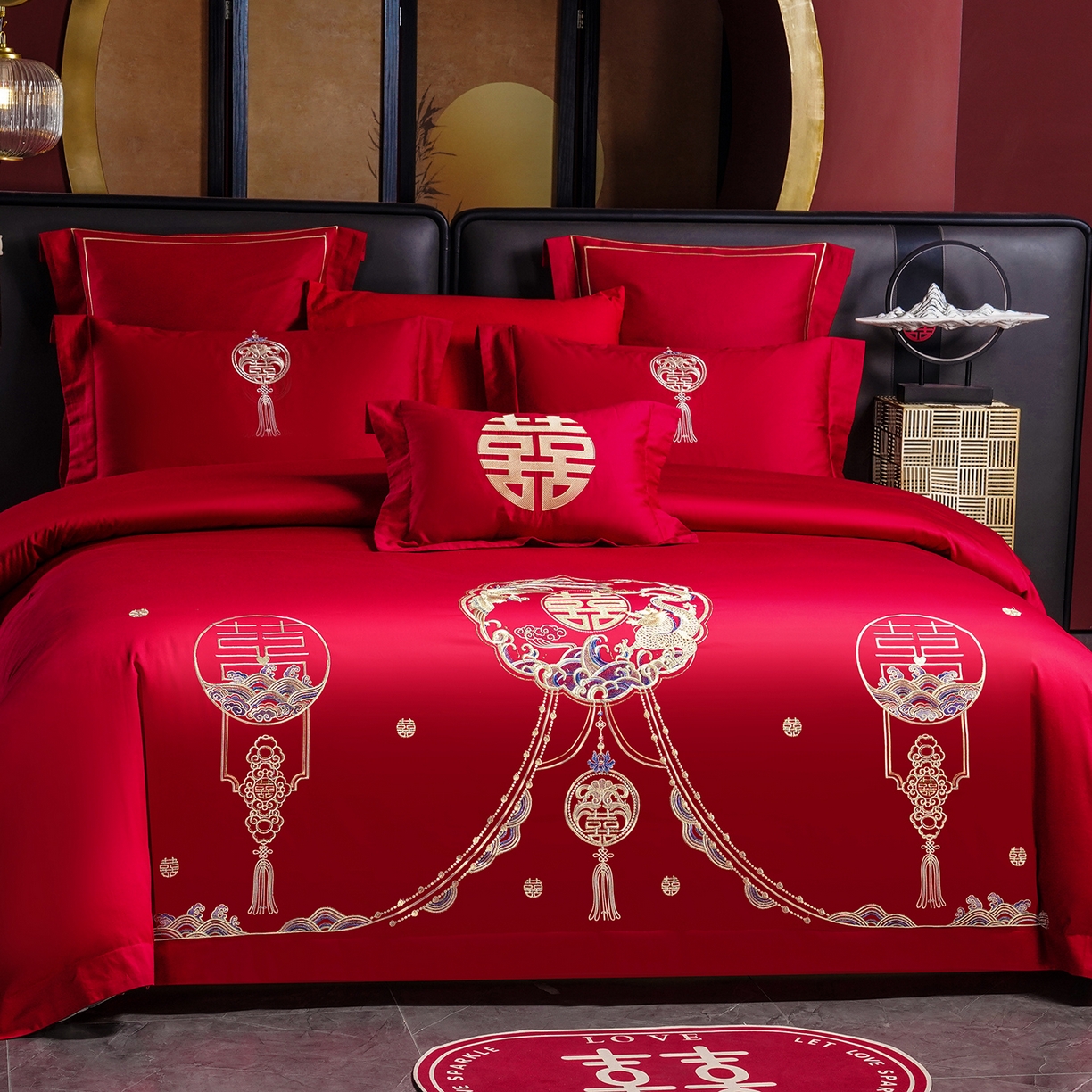 91家纺网 家纺一手货源 找家纺 置顶家纺 2025新款新中式婚庆亲肤刺绣四件套 招财龙凤-大红