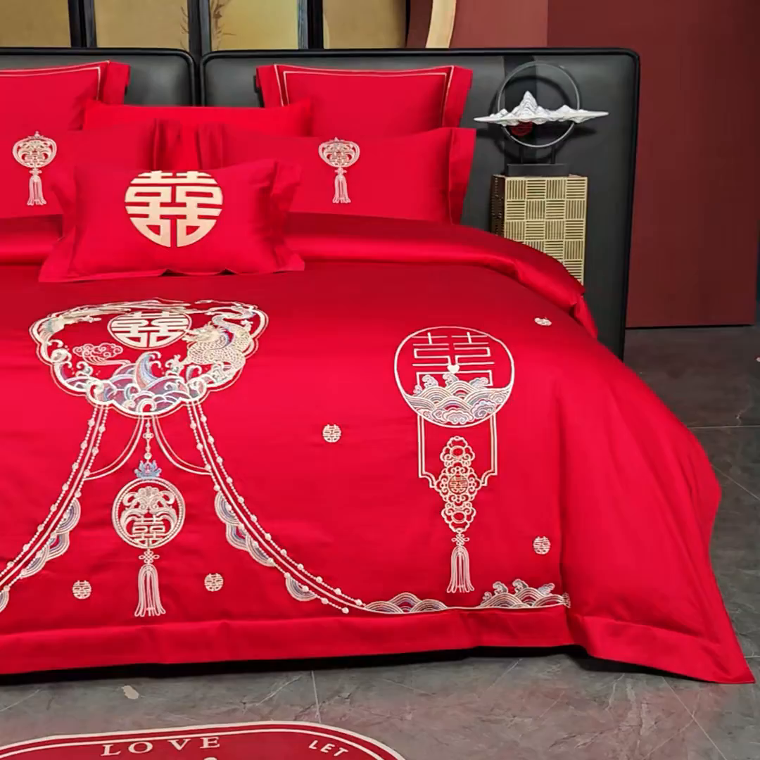 91家纺网 家纺一手货源 找家纺 置顶家纺 2025新款新中式婚庆亲肤刺绣四件套 招财龙凤-大红