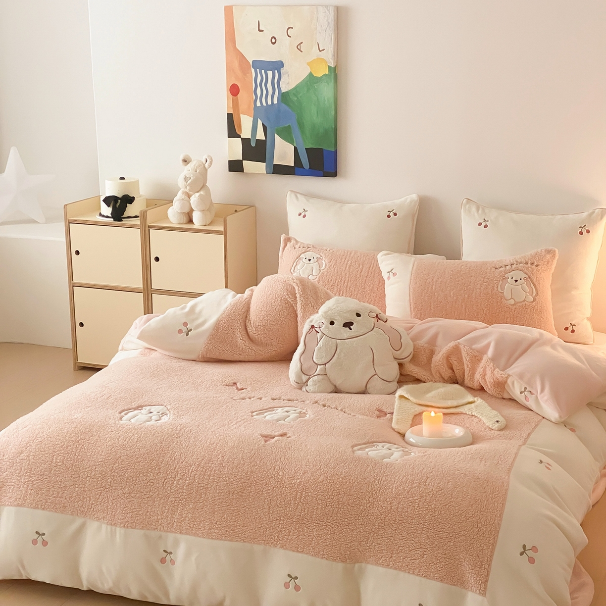 91家纺网 家纺一手货源 找家纺 MIU缪家居 2025新款A版兔毛B版牛奶绒四件套-呆萌兔 呆萌兔-玉粉