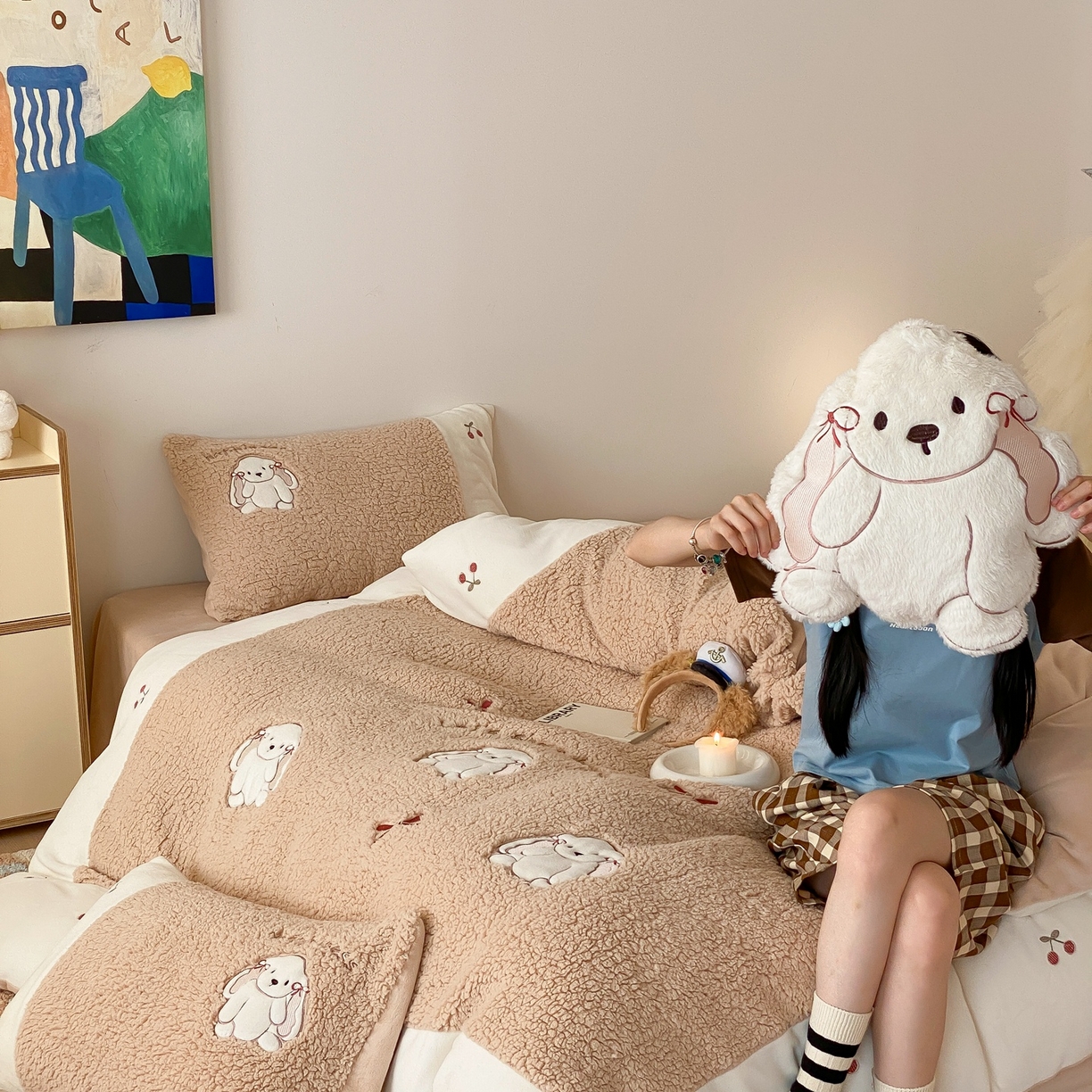 91家纺网 家纺一手货源 找家纺 MIU缪家居 2025新款A版兔毛B版牛奶绒四件套-呆萌兔 呆萌兔-卡其