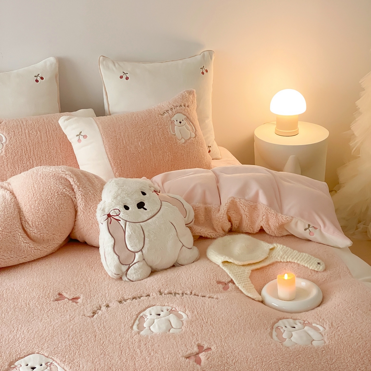 91家纺网 家纺一手货源 找家纺 MIU缪家居 2025新款A版兔毛B版牛奶绒四件套-呆萌兔 呆萌兔-玉粉