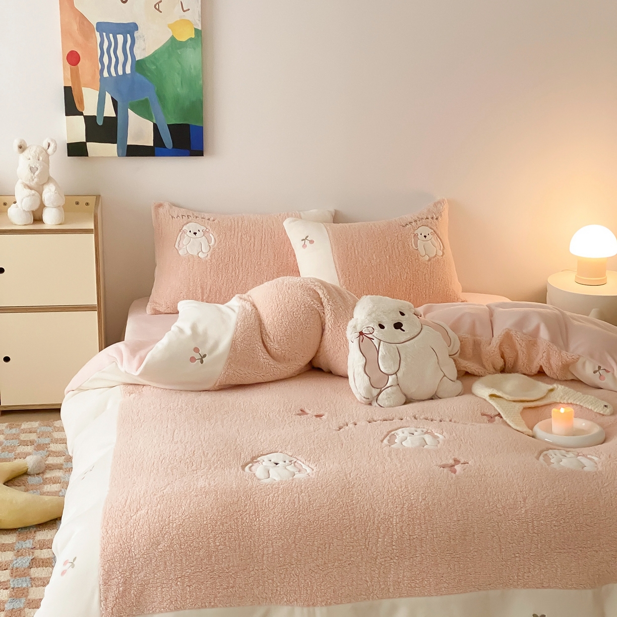 91家纺网 家纺一手货源 找家纺 MIU缪家居 2025新款A版兔毛B版牛奶绒四件套-呆萌兔 呆萌兔-玉粉