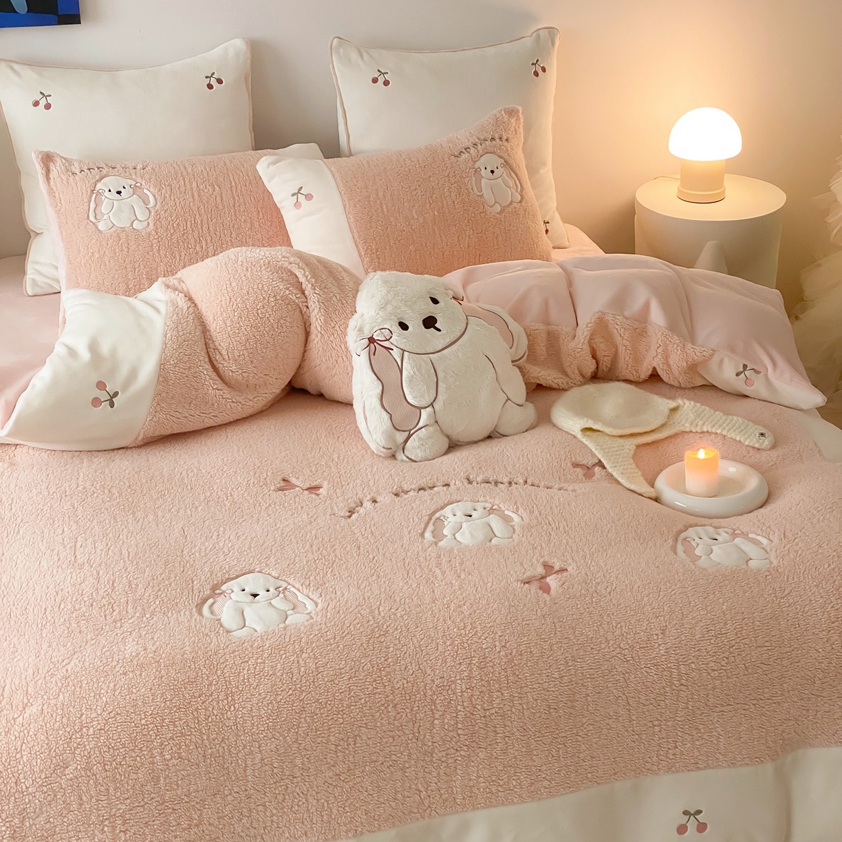 91家纺网 家纺一手货源 找家纺 MIU缪家居 2025新款A版兔毛B版牛奶绒四件套-呆萌兔 呆萌兔-玉粉