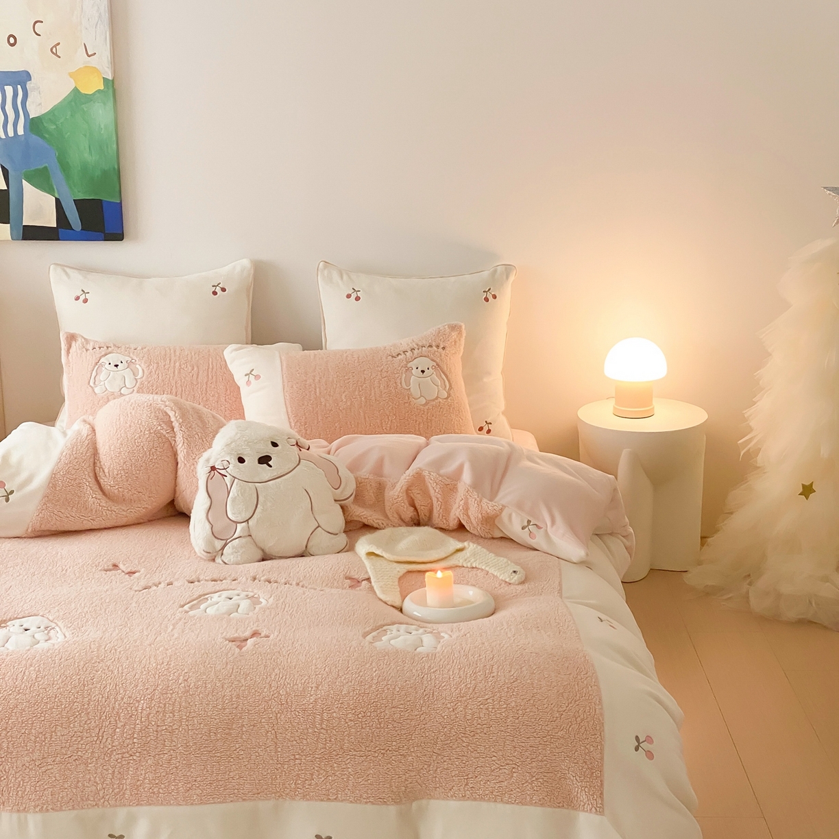 91家纺网 家纺一手货源 找家纺 MIU缪家居 2025新款A版兔毛B版牛奶绒四件套-呆萌兔 呆萌兔-玉粉