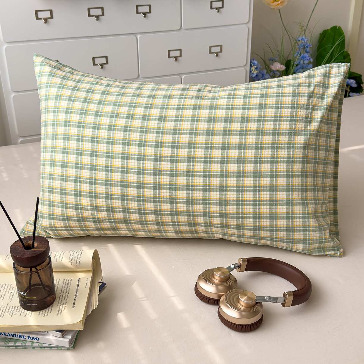 91家纺网 家纺一手货源 找家纺 对白 2025新款全棉色织水洗棉单品枕套 西西里-绿格