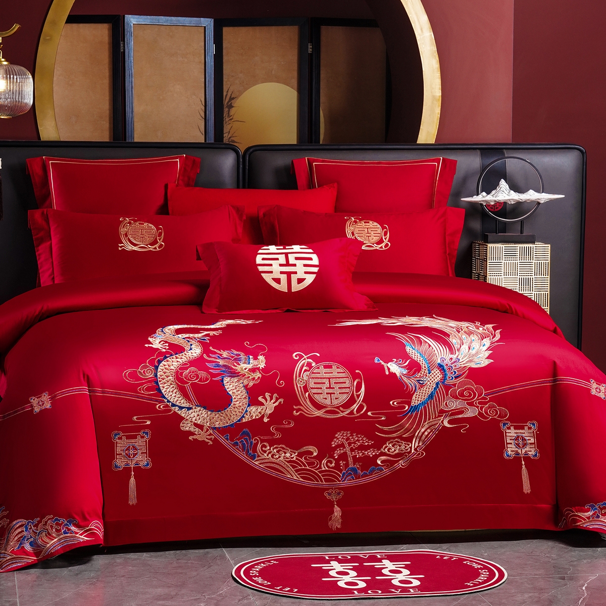 91家纺网 家纺一手货源 找家纺 置顶家纺 2025新款新中式婚庆亲肤刺绣四件套 至尊龙凤-大红