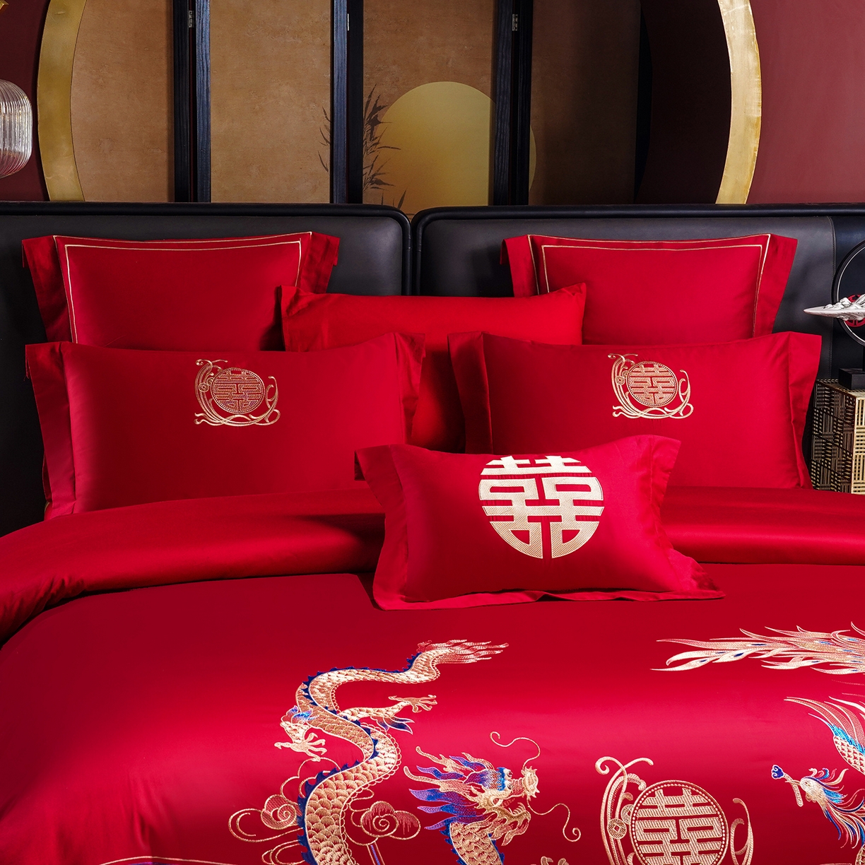 91家纺网 家纺一手货源 找家纺 置顶家纺 2025新款新中式婚庆亲肤刺绣四件套 至尊龙凤-大红