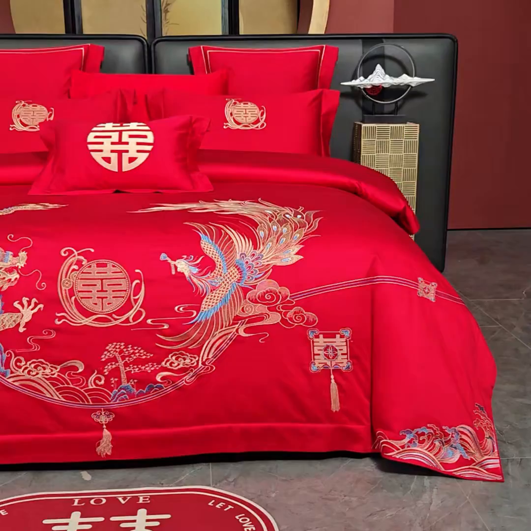 91家纺网 家纺一手货源 找家纺 置顶家纺 2025新款新中式婚庆亲肤刺绣四件套 至尊龙凤-大红