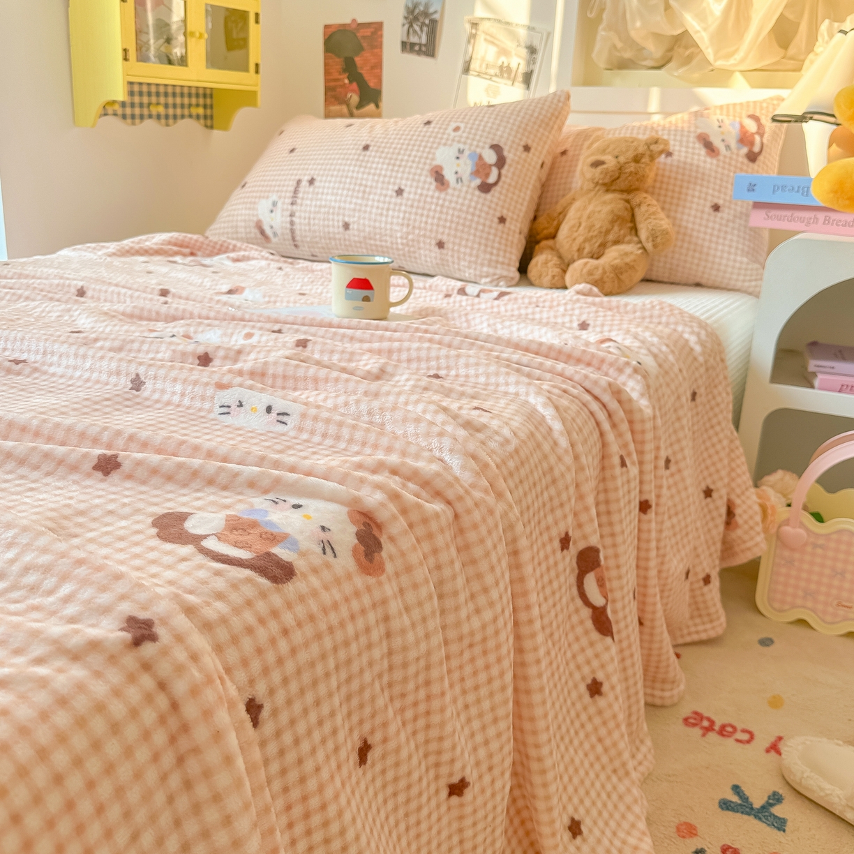 91家纺网 家纺一手货源 找家纺 韩巢家纺 2025新款四季可用牛奶绒多功能毛毯 咖星小猫