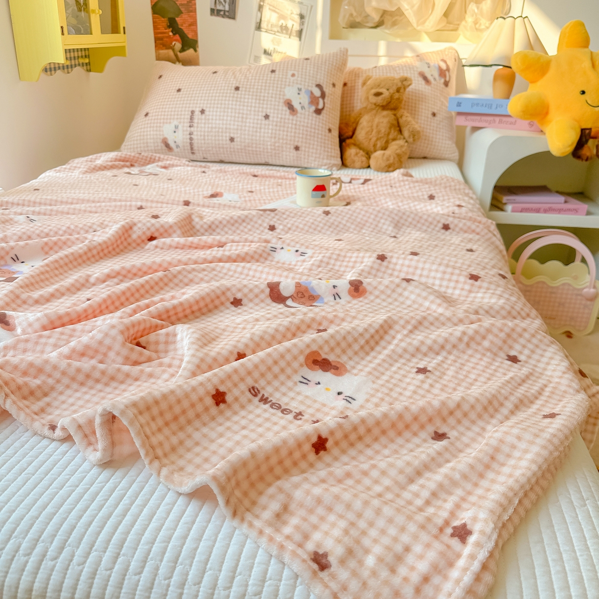 91家纺网 家纺一手货源 找家纺 韩巢家纺 2025新款四季可用牛奶绒多功能毛毯 咖星小猫