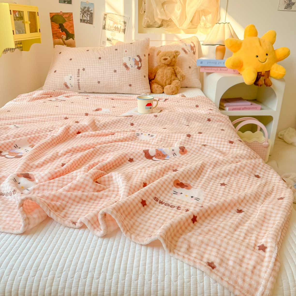 91家纺网 家纺一手货源 找家纺 韩巢家纺 2025新款四季可用牛奶绒多功能毛毯 咖星小猫