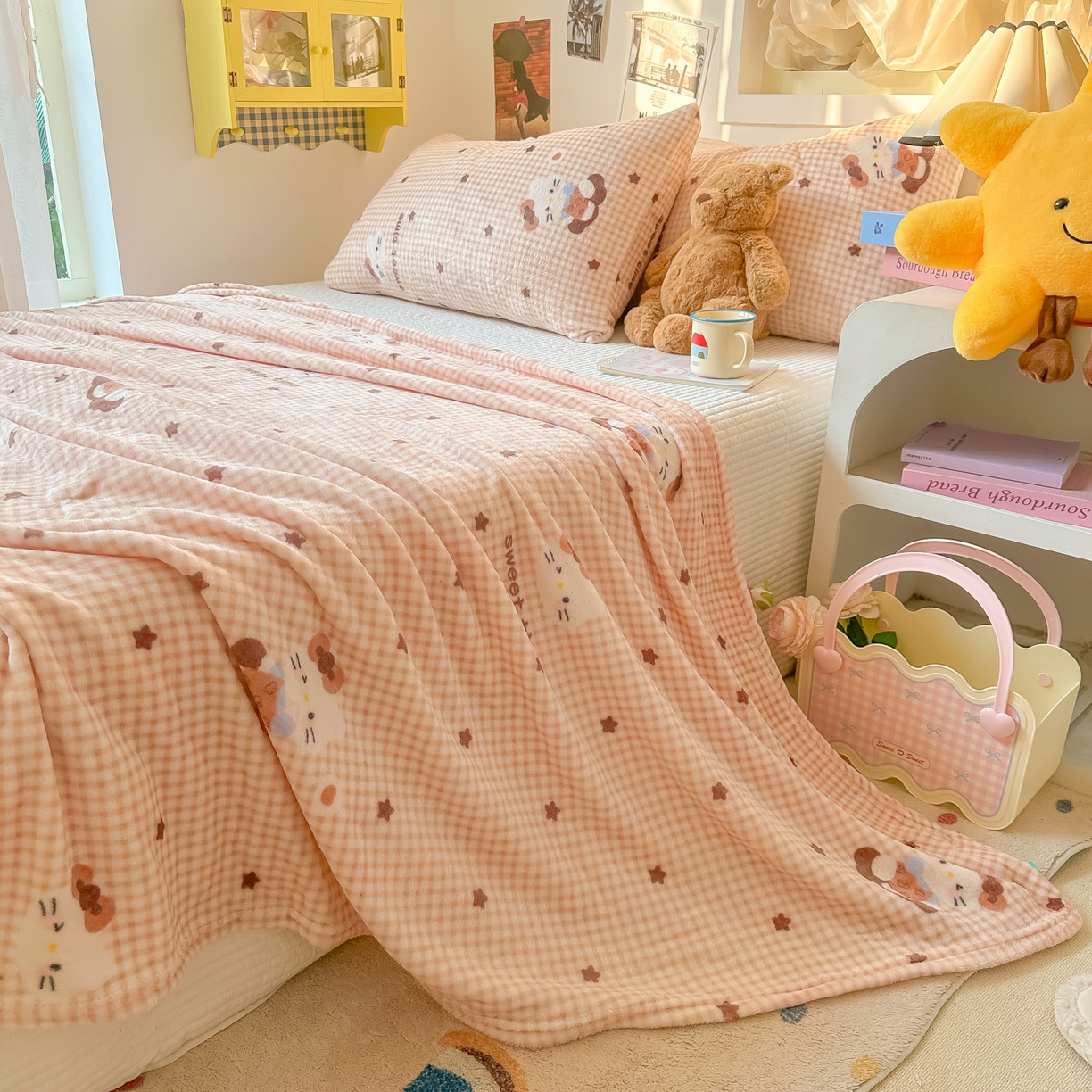 91家纺网 家纺一手货源 找家纺 韩巢家纺 2025新款四季可用牛奶绒多功能毛毯 咖星小猫