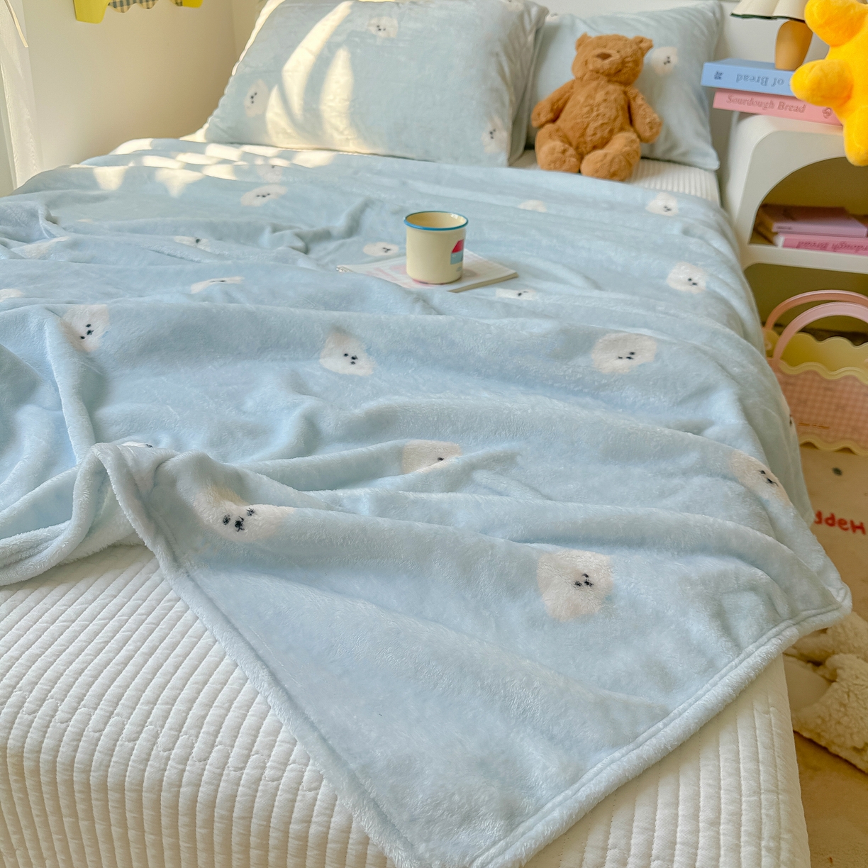 91家纺网 家纺一手货源 找家纺 韩巢家纺 2025新款四季可用牛奶绒多功能毛毯 可爱狗头-蓝