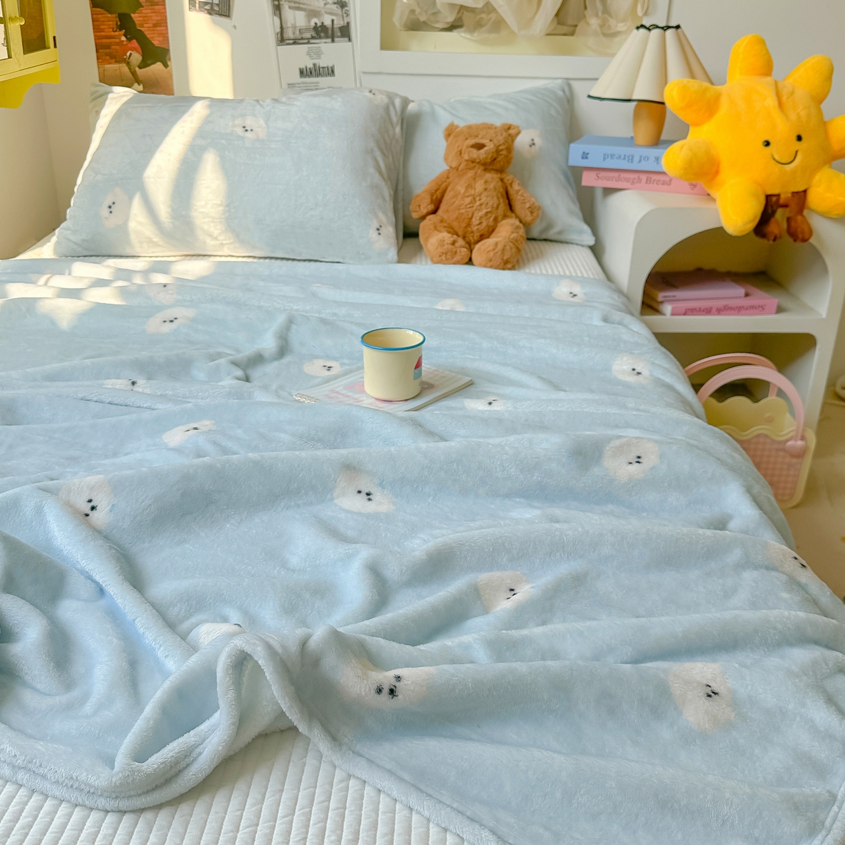 91家纺网 家纺一手货源 找家纺 韩巢家纺 2025新款四季可用牛奶绒多功能毛毯 可爱狗头-蓝