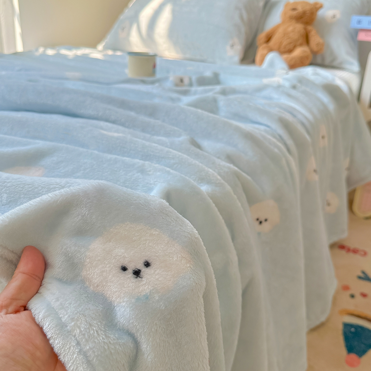 91家纺网 家纺一手货源 找家纺 韩巢家纺 2025新款四季可用牛奶绒多功能毛毯 可爱狗头-蓝