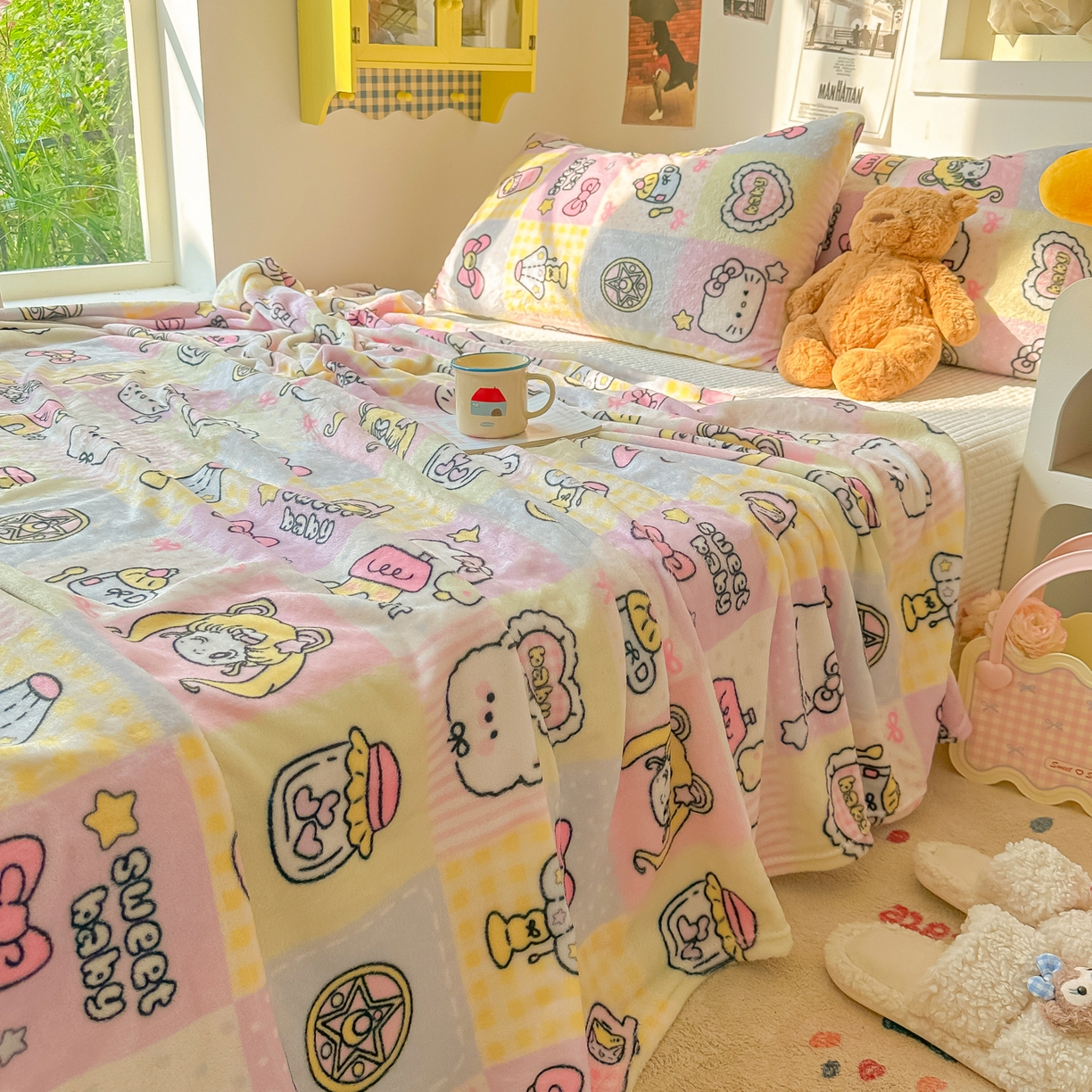 91家纺网 家纺一手货源 找家纺 韩巢家纺 2025新款四季可用牛奶绒多功能毛毯 少女战士