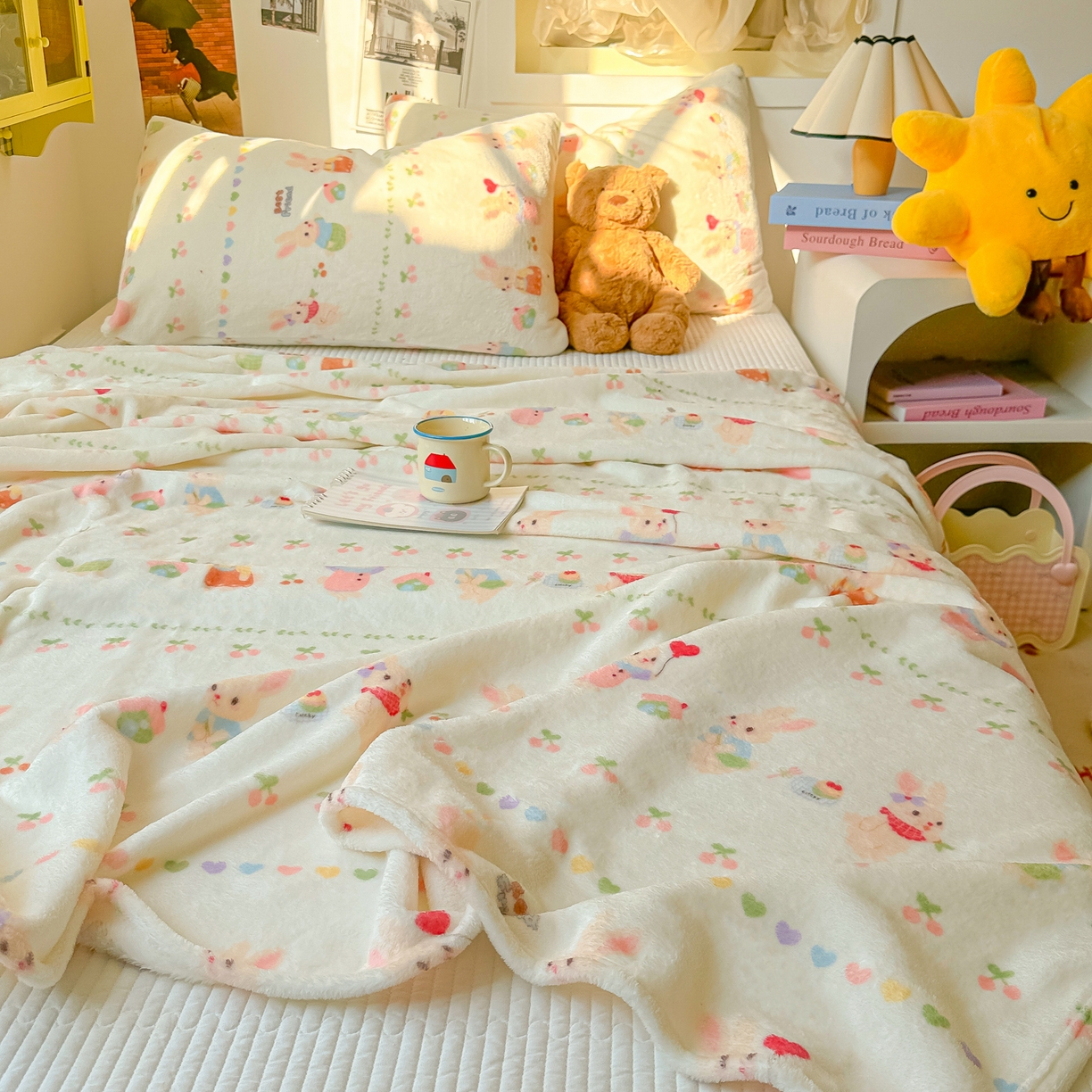 91家纺网 家纺一手货源 找家纺 韩巢家纺 2025新款四季可用牛奶绒多功能毛毯 小兔胡萝卜