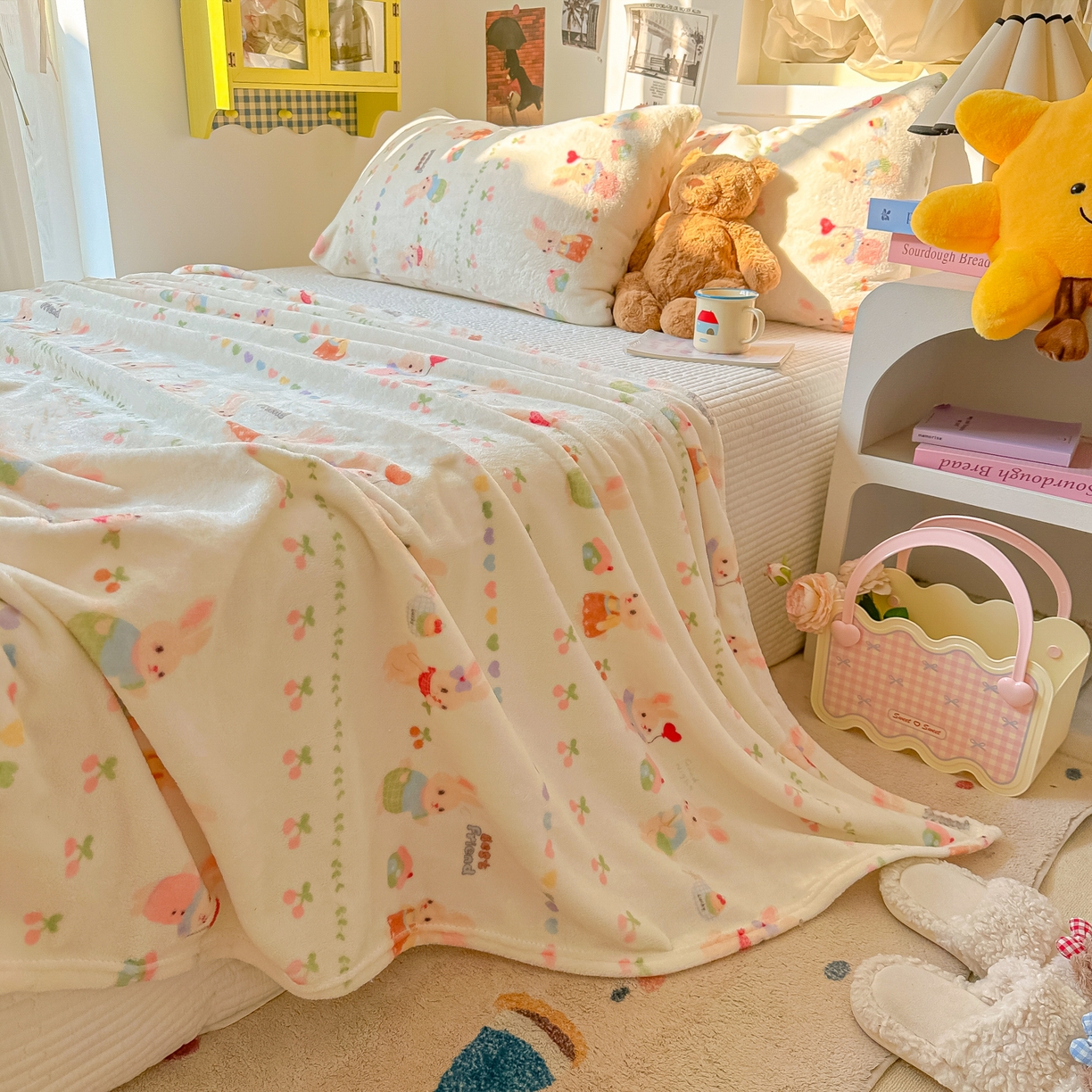 91家纺网 家纺一手货源 找家纺 韩巢家纺 2025新款四季可用牛奶绒多功能毛毯 小兔胡萝卜