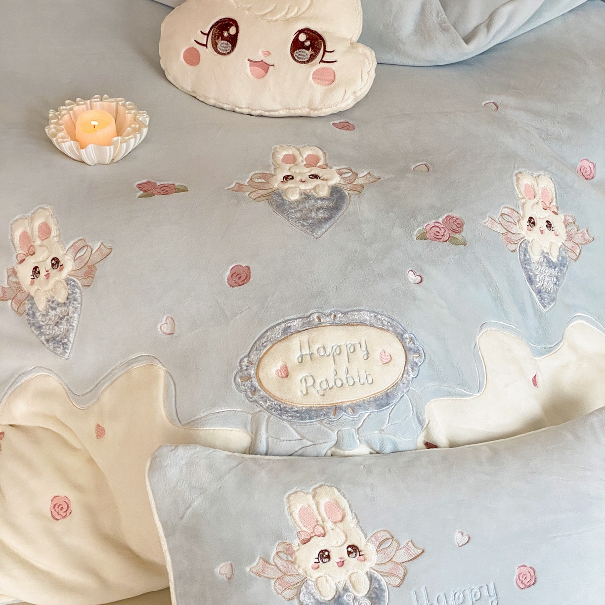 91家纺网 家纺一手货源 找家纺 MIU缪家居 2025新款牛奶绒四件套-快乐甜心 快乐甜心-蓝