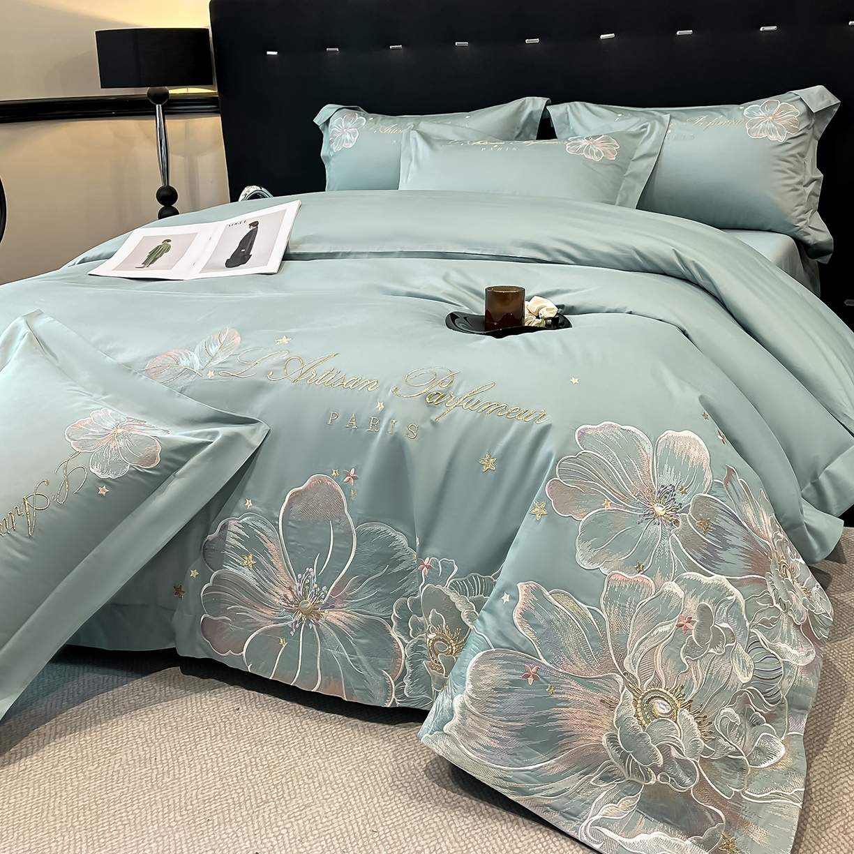 91家纺网 家纺一手货源 找家纺 置顶家纺 2025新款亲肤花卉刺绣四件套-繁星点点 繁星点点-繁星蓝