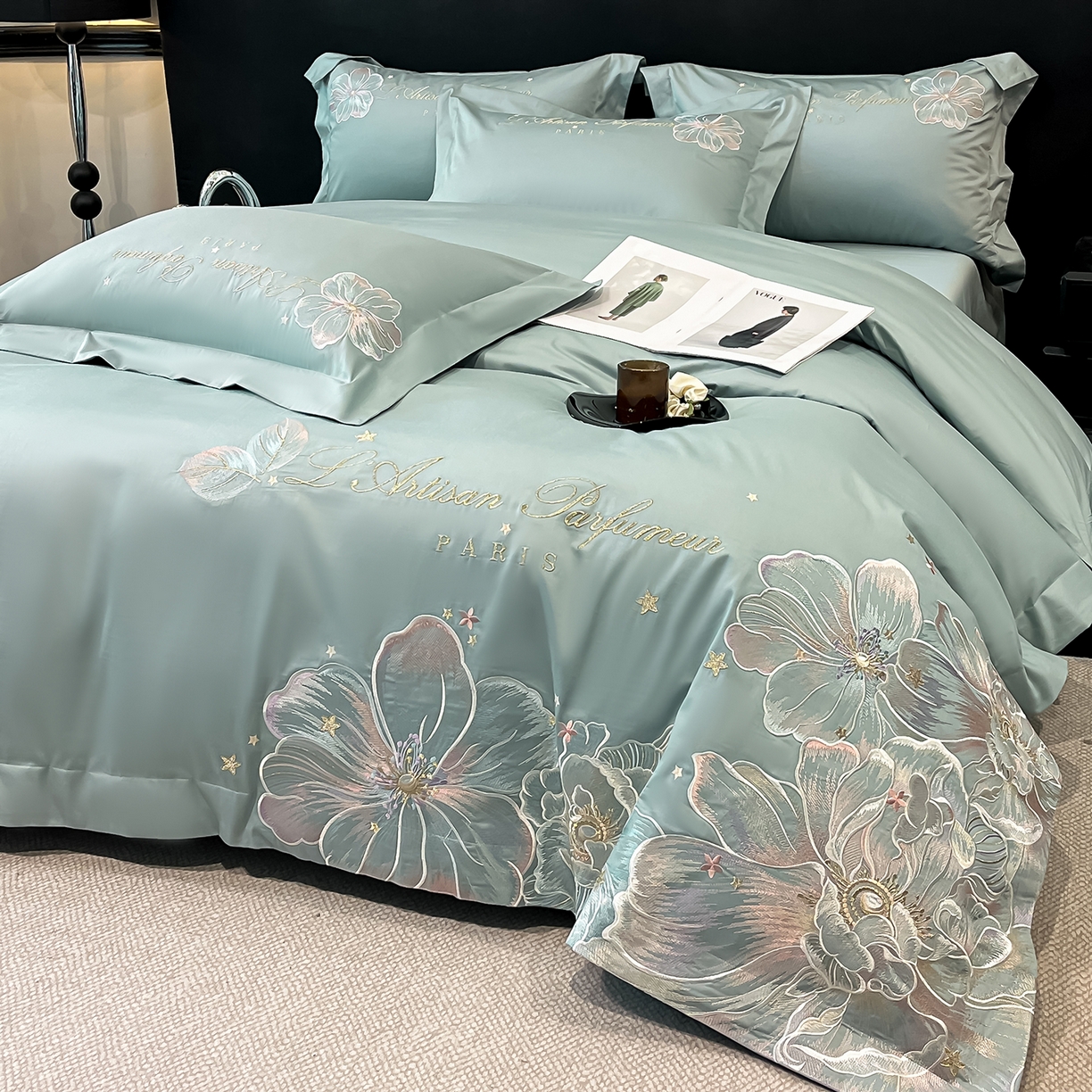 91家纺网 家纺一手货源 找家纺 置顶家纺 2025新款亲肤花卉刺绣四件套-繁星点点 繁星点点-繁星蓝