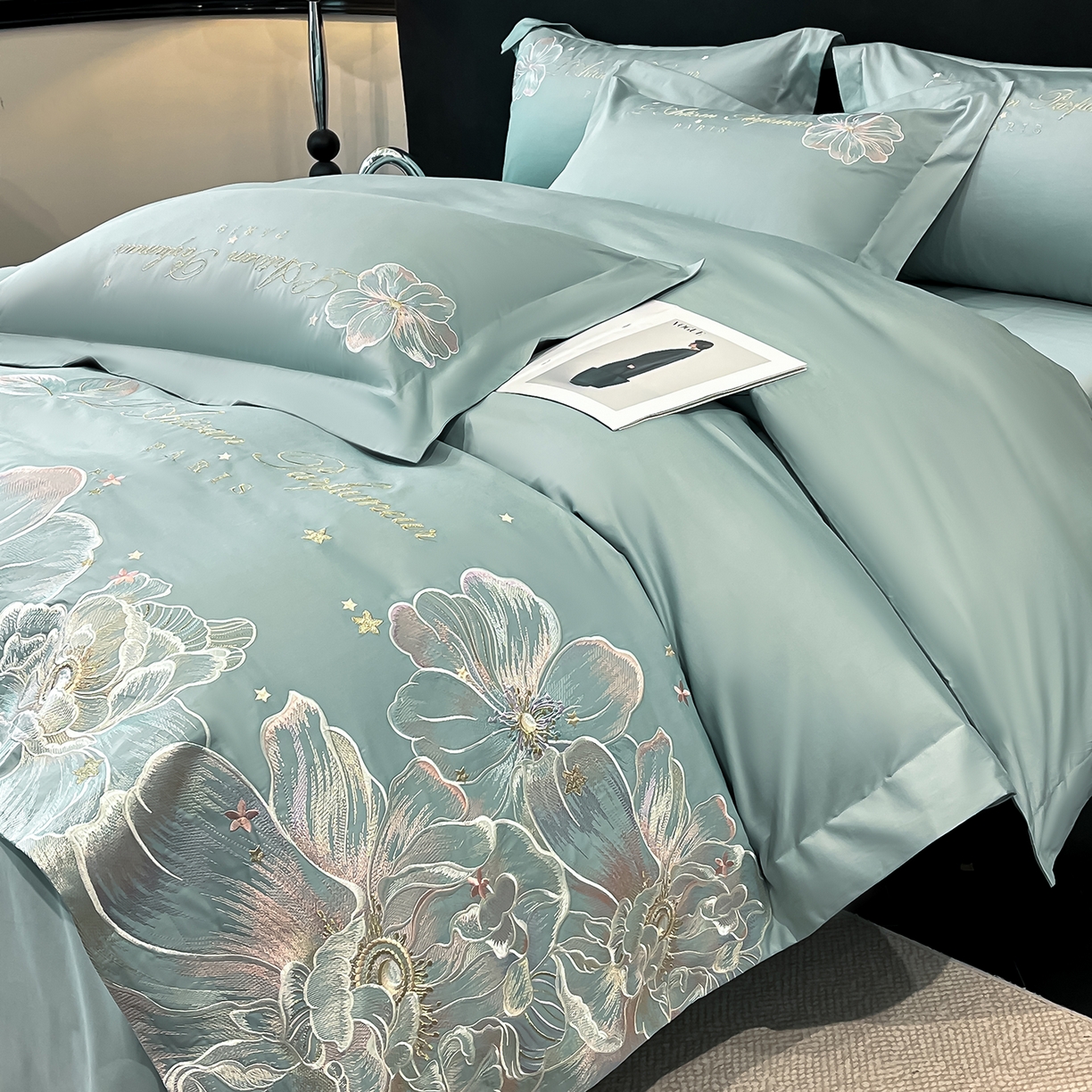 91家纺网 家纺一手货源 找家纺 置顶家纺 2025新款亲肤花卉刺绣四件套-繁星点点 繁星点点-繁星蓝