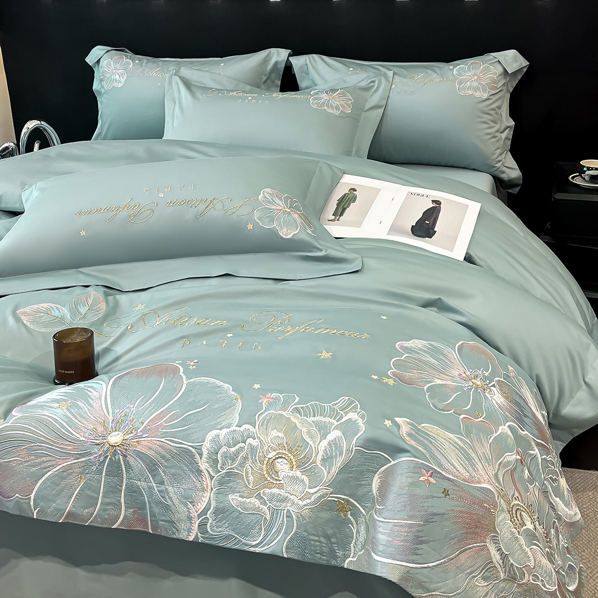 91家纺网 家纺一手货源 找家纺 置顶家纺 2025新款亲肤花卉刺绣四件套-繁星点点 繁星点点-繁星蓝