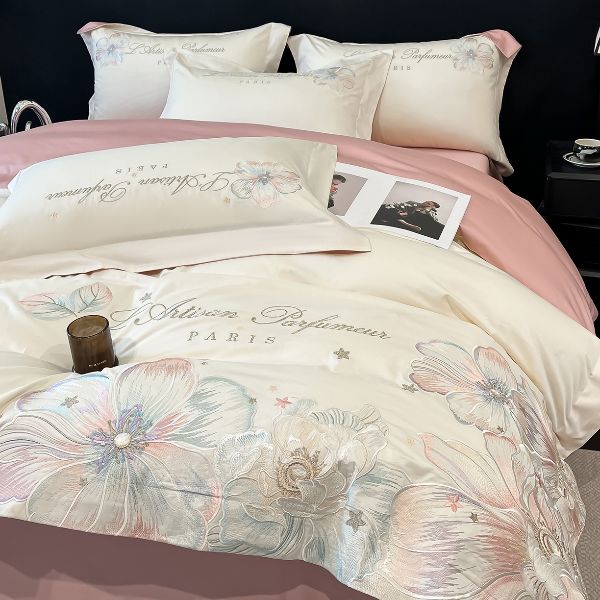 91家纺网 家纺一手货源 找家纺 置顶家纺 2025新款亲肤花卉刺绣四件套-繁星点点 繁星点点-奶白+浅豆沙