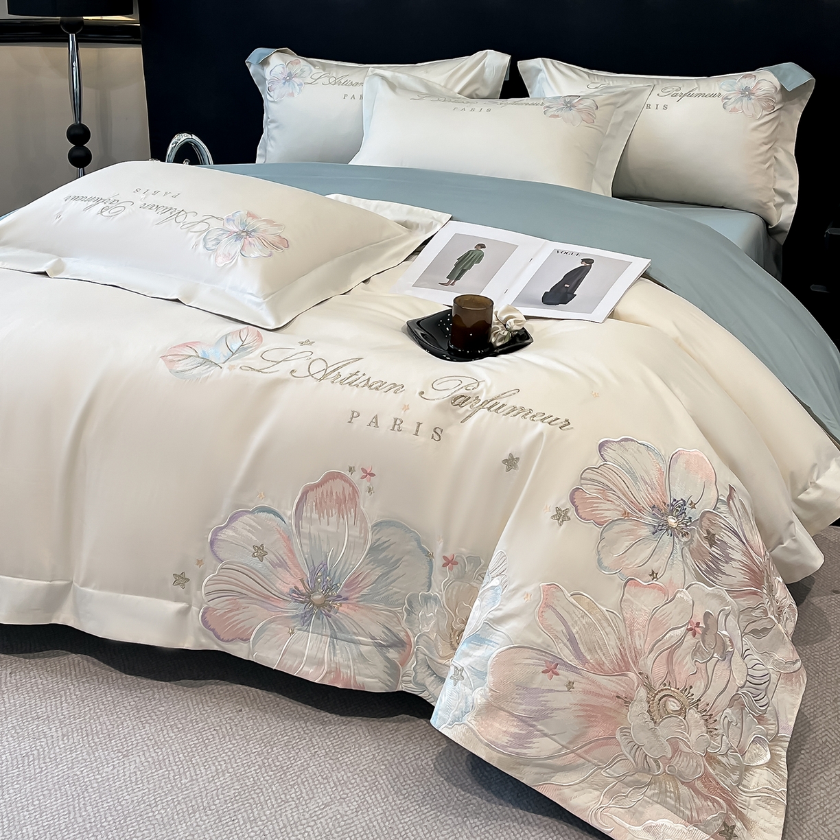 91家纺网 家纺一手货源 找家纺 置顶家纺 2025新款亲肤花卉刺绣四件套-繁星点点 繁星点点-奶白+繁星蓝