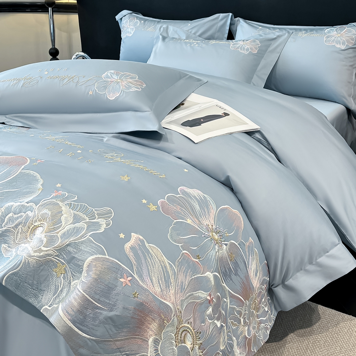 91家纺网 家纺一手货源 找家纺 置顶家纺 2025新款亲肤花卉刺绣四件套-繁星点点 繁星点点-浅蓝