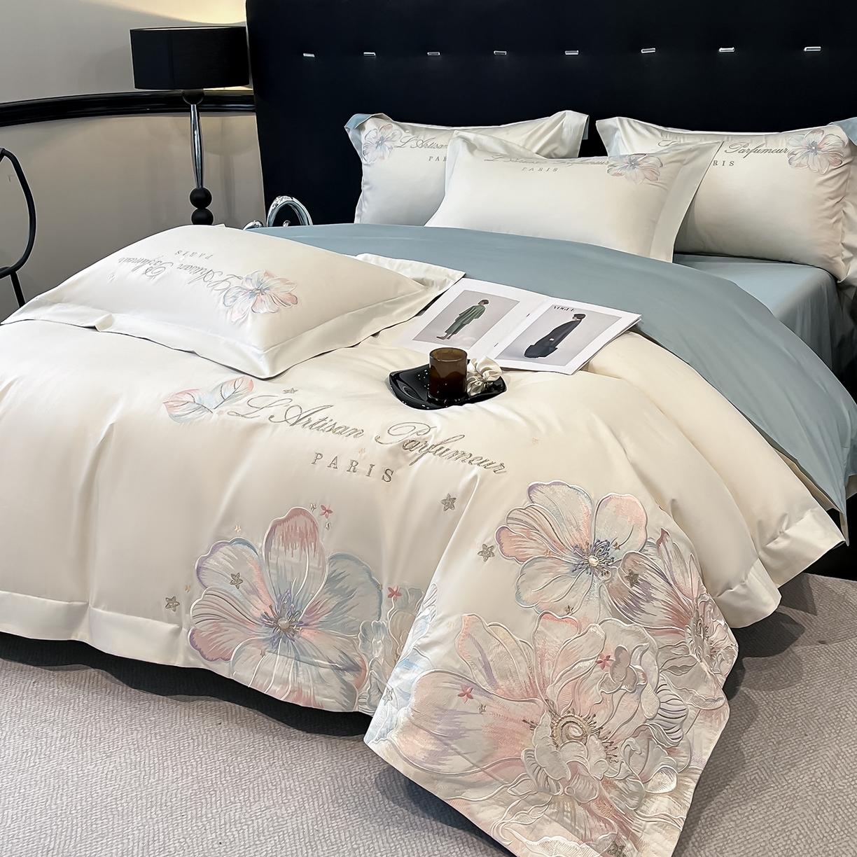 91家纺网 家纺一手货源 找家纺 置顶家纺 2025新款亲肤花卉刺绣四件套-繁星点点 繁星点点-奶白+繁星蓝