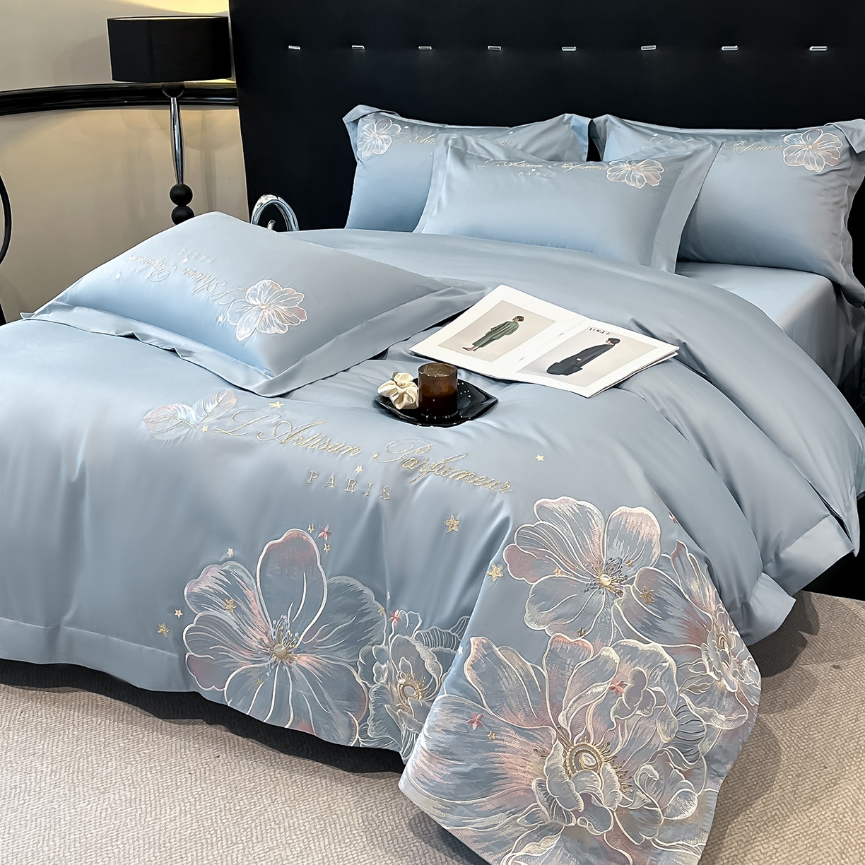 91家纺网 家纺一手货源 找家纺 置顶家纺 2025新款亲肤花卉刺绣四件套-繁星点点 繁星点点-浅蓝