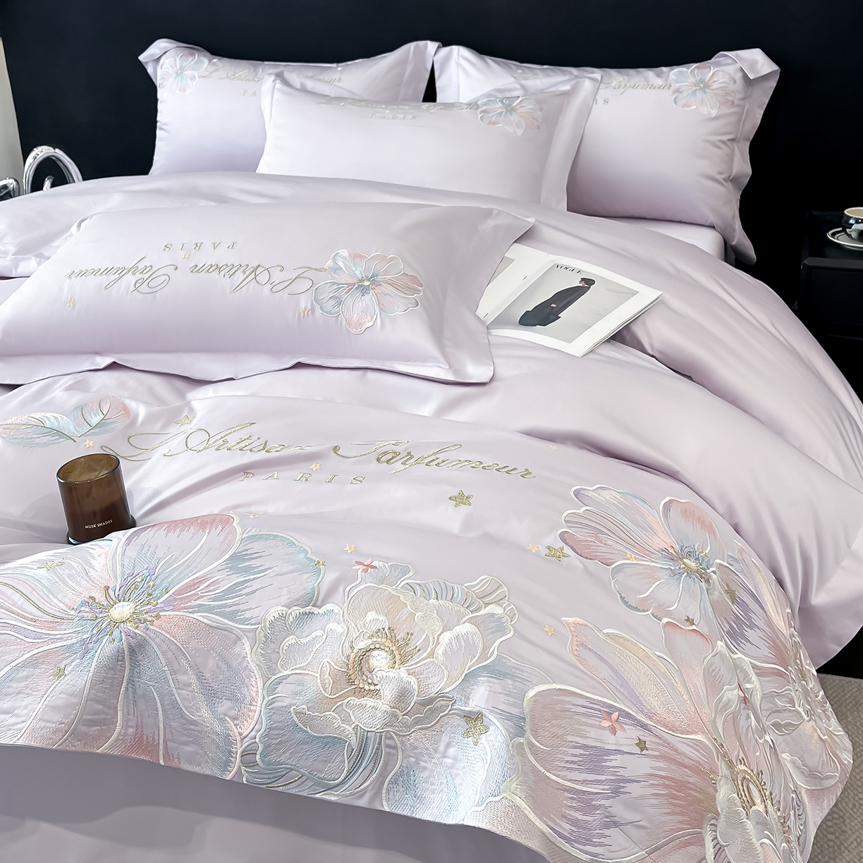 91家纺网 家纺一手货源 找家纺 置顶家纺 2025新款亲肤花卉刺绣四件套-繁星点点 繁星点点-香芋紫