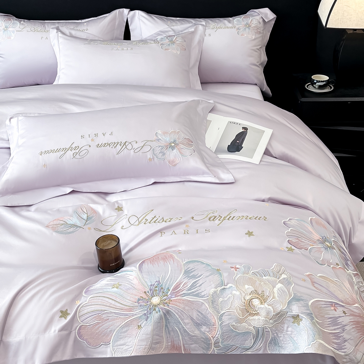 91家纺网 家纺一手货源 找家纺 置顶家纺 2025新款亲肤花卉刺绣四件套-繁星点点 繁星点点-香芋紫