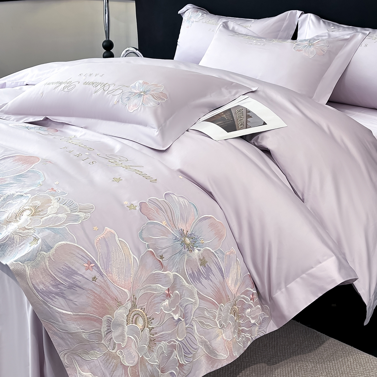 91家纺网 家纺一手货源 找家纺 置顶家纺 2025新款亲肤花卉刺绣四件套-繁星点点 繁星点点-香芋紫