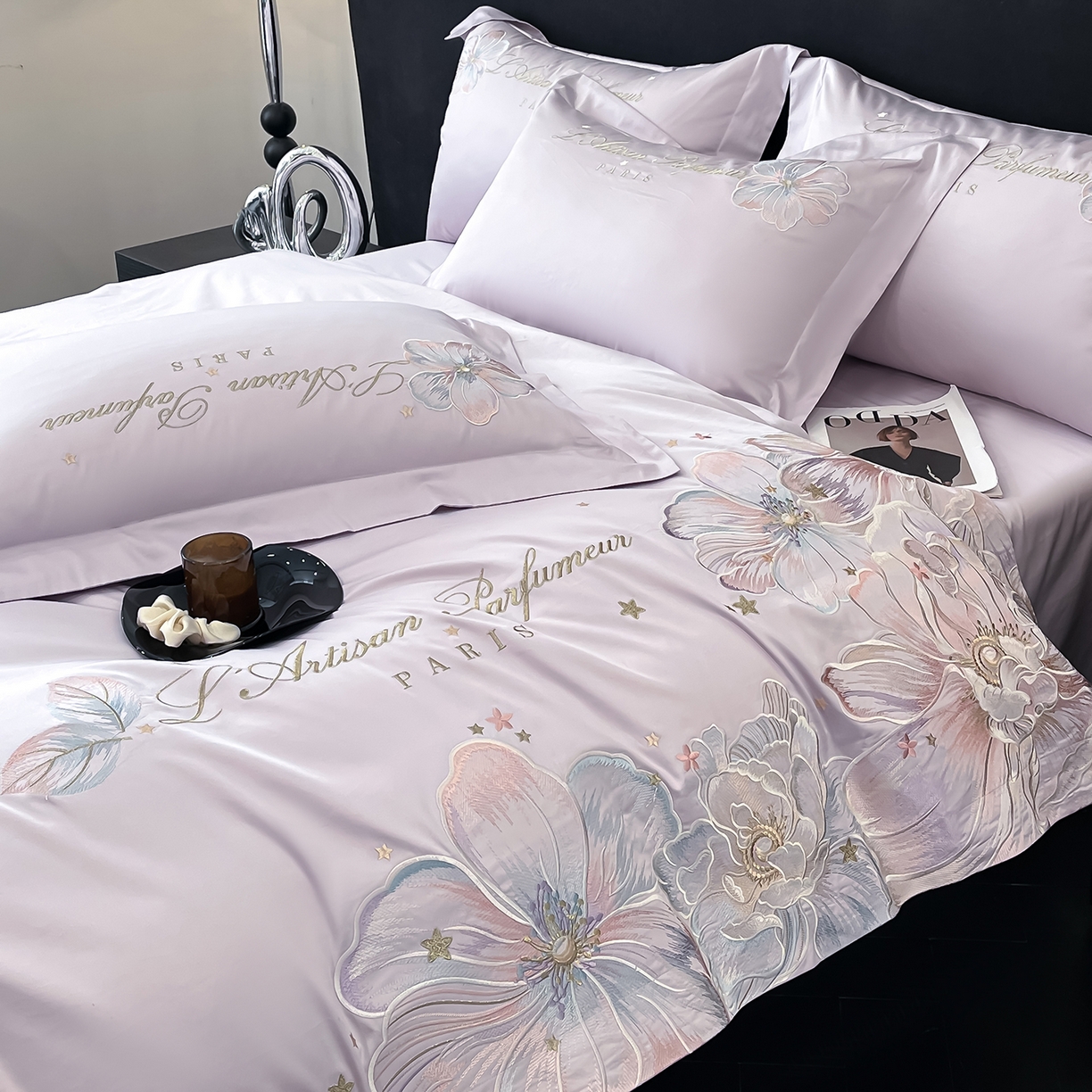 91家纺网 家纺一手货源 找家纺 置顶家纺 2025新款亲肤花卉刺绣四件套-繁星点点 繁星点点-香芋紫