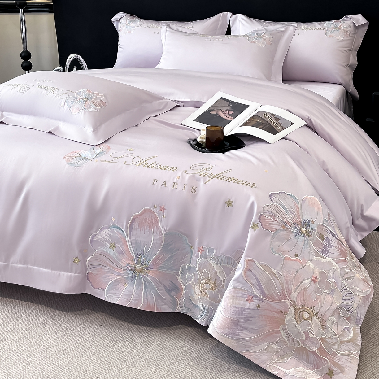 91家纺网 家纺一手货源 找家纺 置顶家纺 2025新款亲肤花卉刺绣四件套-繁星点点 繁星点点-香芋紫