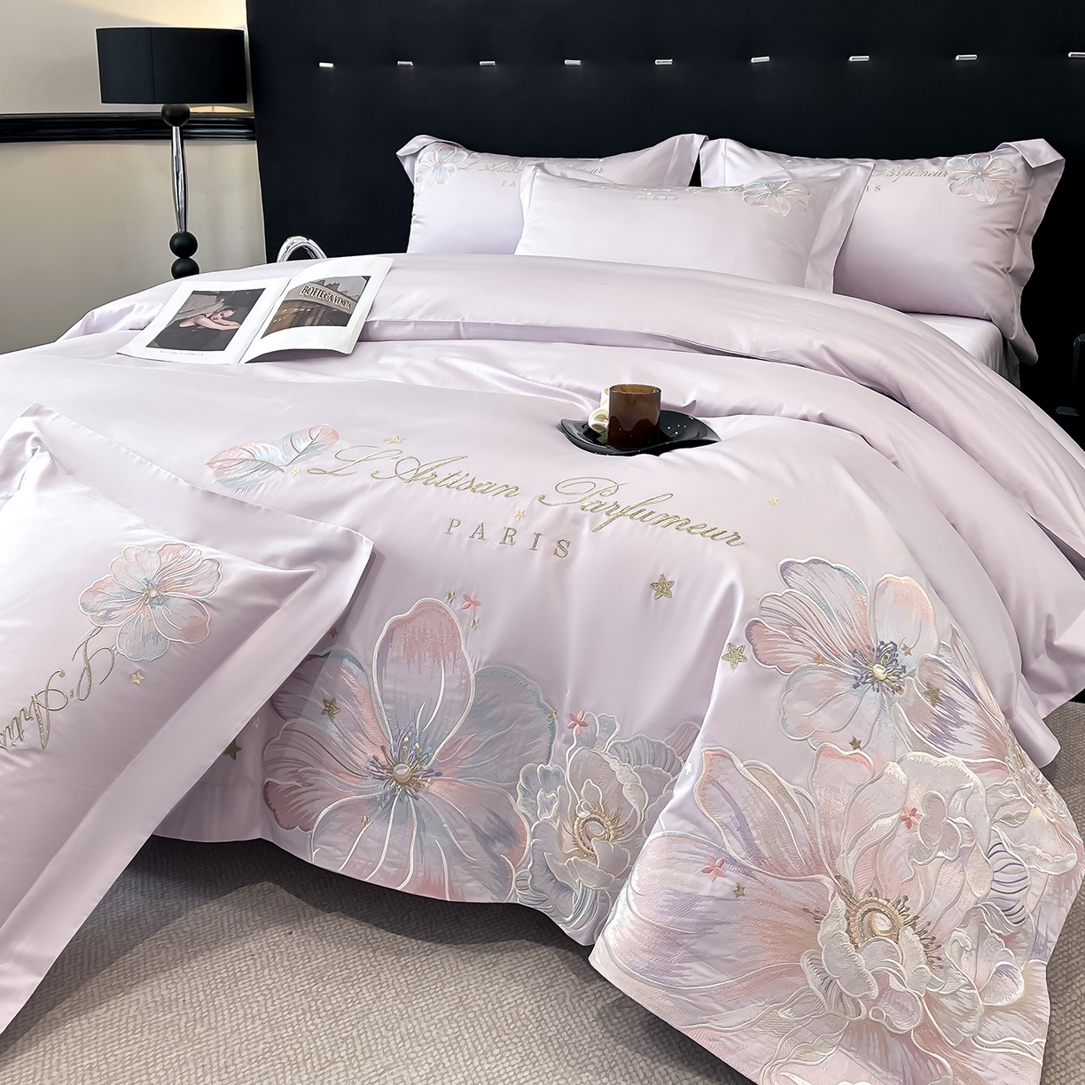 91家纺网 家纺一手货源 找家纺 置顶家纺 2025新款亲肤花卉刺绣四件套-繁星点点 繁星点点-香芋紫