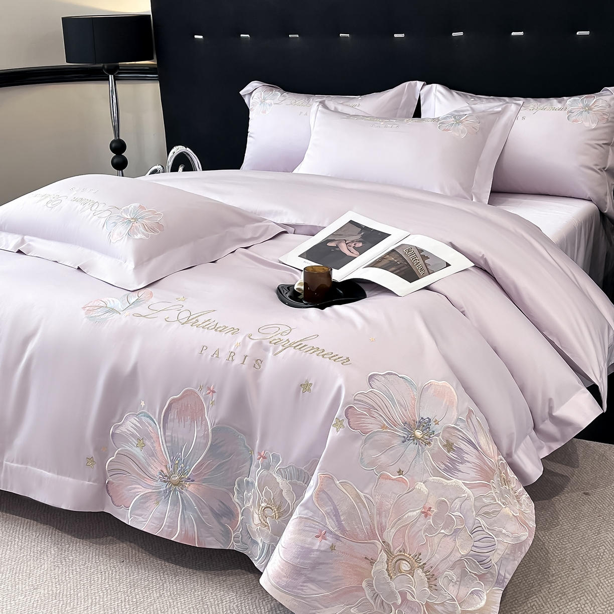 91家纺网 家纺一手货源 找家纺 置顶家纺 2025新款亲肤花卉刺绣四件套-繁星点点 繁星点点-香芋紫