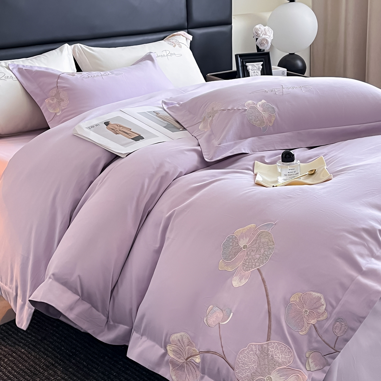 91家纺网 家纺一手货源 找家纺 置顶家纺 2025新款全棉加厚磨毛刺绣秋冬系列四件套-赫本 赫本-香芋紫