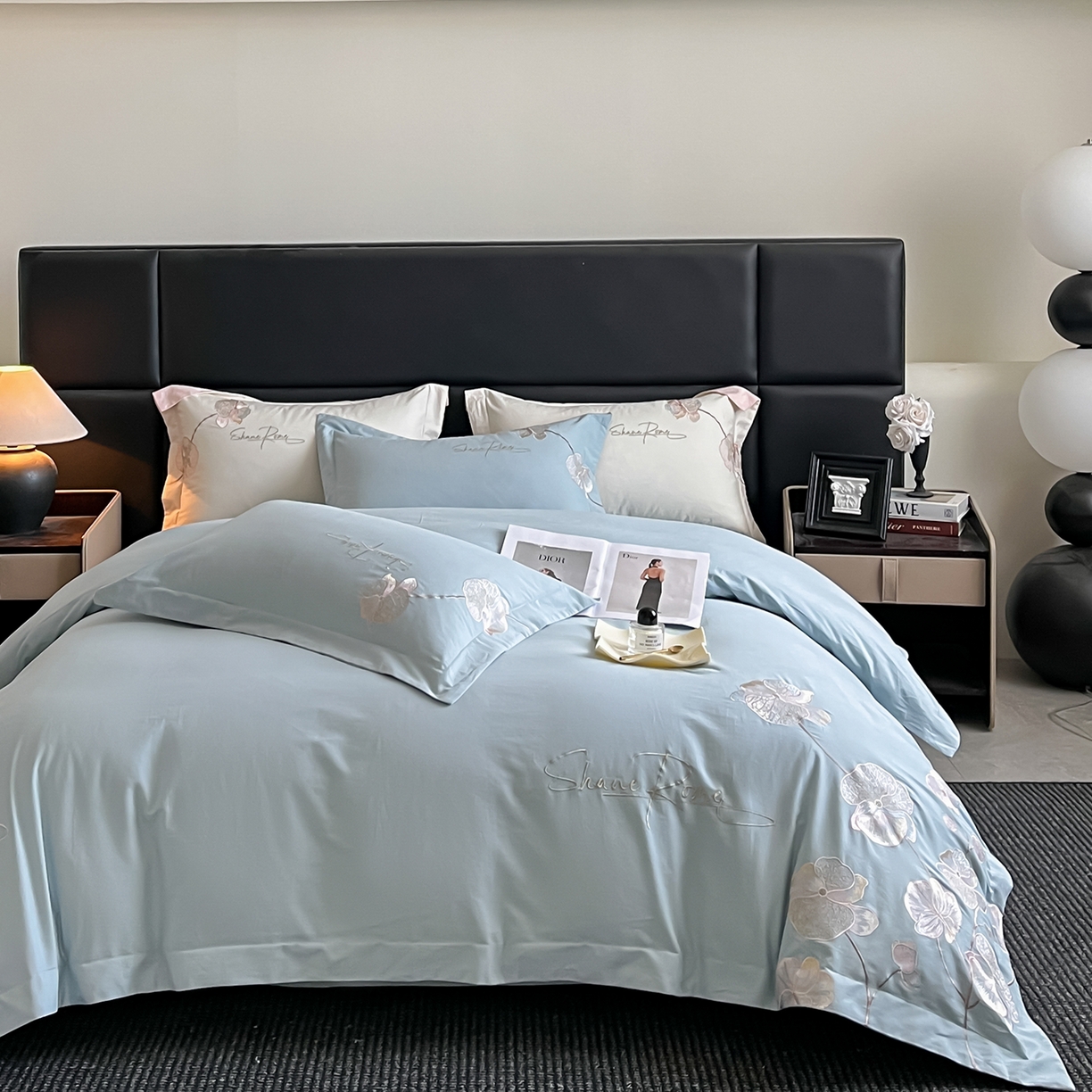 91家纺网 家纺一手货源 找家纺 置顶家纺 2025新款全棉加厚磨毛刺绣秋冬系列四件套-赫本 赫本-繁星蓝