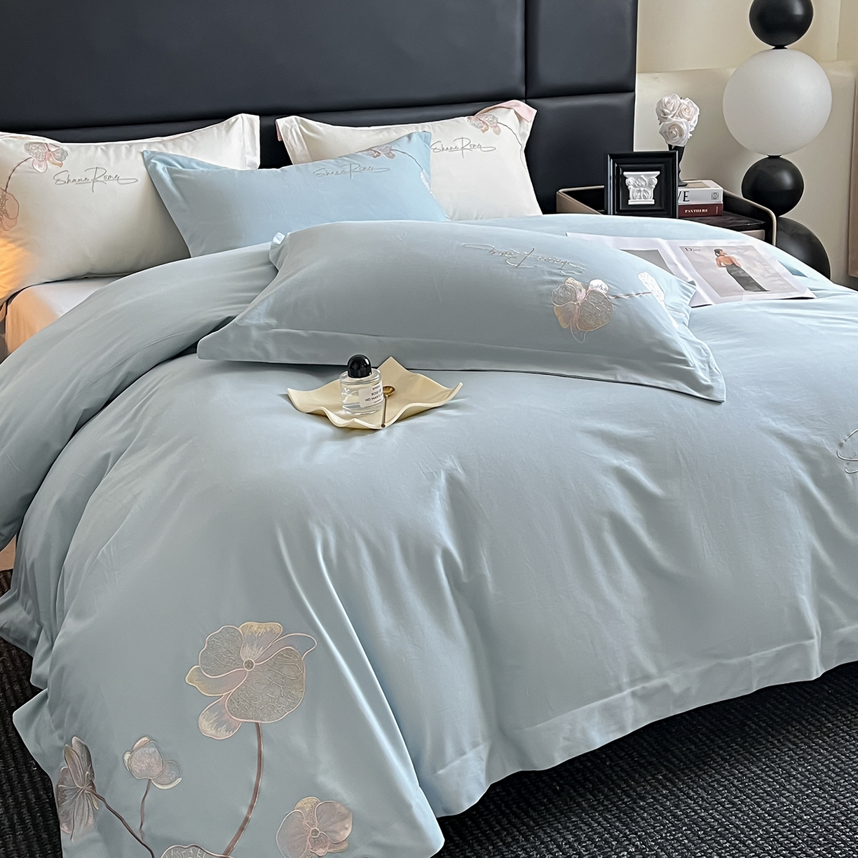 91家纺网 家纺一手货源 找家纺 置顶家纺 2025新款全棉加厚磨毛刺绣秋冬系列四件套-赫本 赫本-繁星蓝