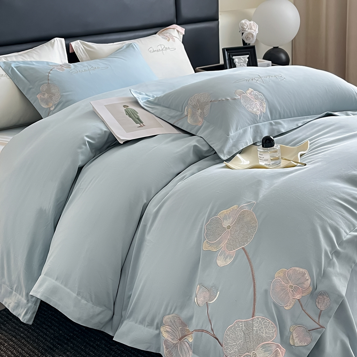 91家纺网 家纺一手货源 找家纺 置顶家纺 2025新款全棉加厚磨毛刺绣秋冬系列四件套-赫本 赫本-繁星蓝