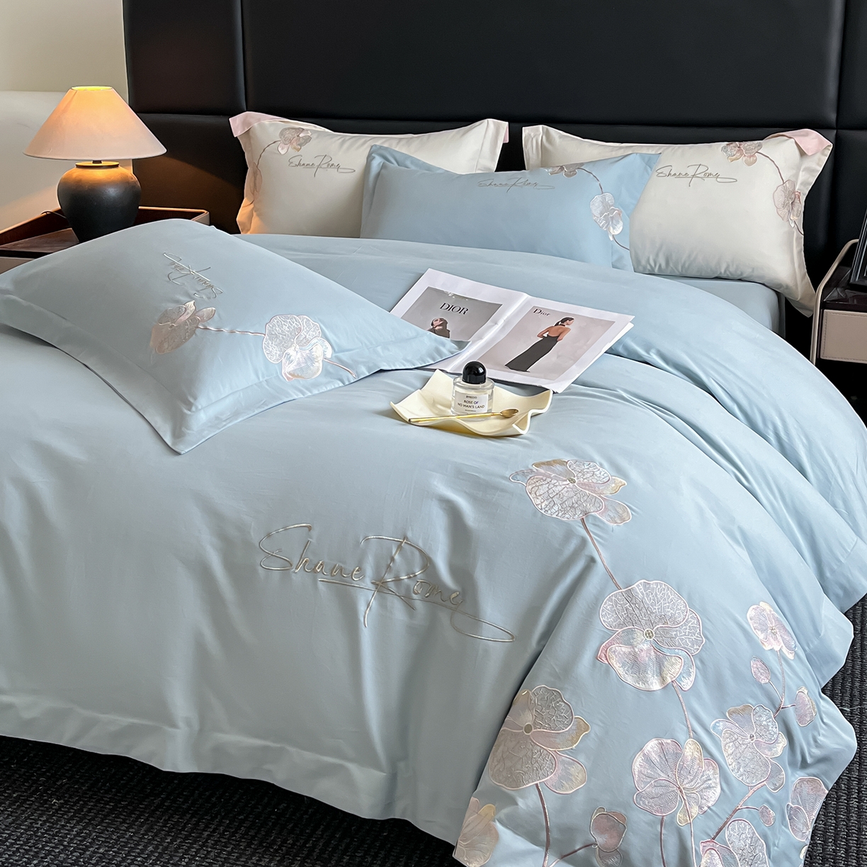 置顶家纺 2025新款全棉加厚磨毛刺绣秋冬系列四件套-赫本 赫本-繁星蓝